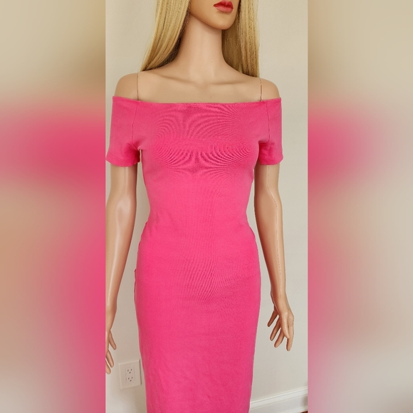 ZARA HOT PINK BODYCON OFF SHOULDERS MIDI DRESS SMALL - Picture 6 of 7